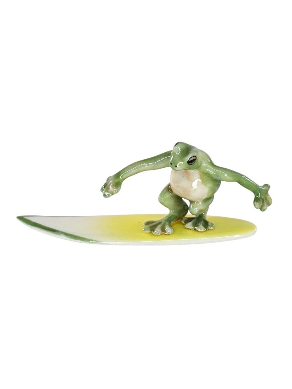 Klima Porcelain Frog Surfing Miniature Figurine Surfer On Yellow Green Surfboard